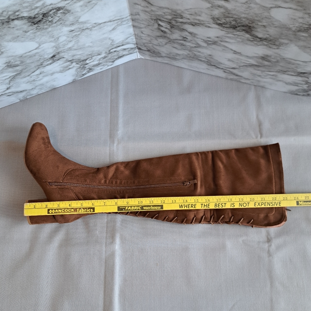 Women's Suede Over The Knee Block Heeled Camel Boots With Lace Up Back Size 8 - Picture 11 of 16